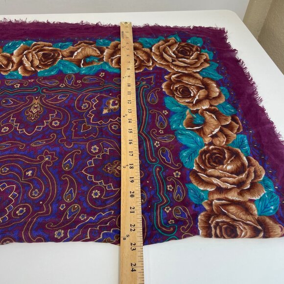 NWT Vintage Symphony Floral Fringe Square Scarf OS Womens Purple Rayon 70s 80s - Picture 7 of 7